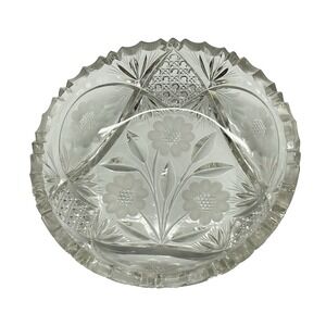 Antique American Brilliant Cut Glass Hobstar‎ Engraved Flowers Sawtooth Rim Bowl